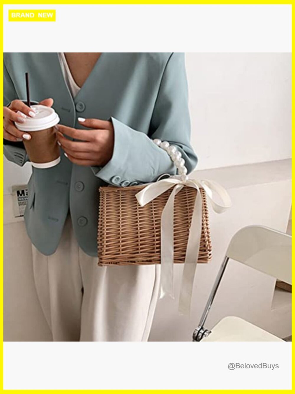 Pearl Straw Handbag with Drawstring Closure Small Tote for Women Summer Beach - Picture 2 of 7